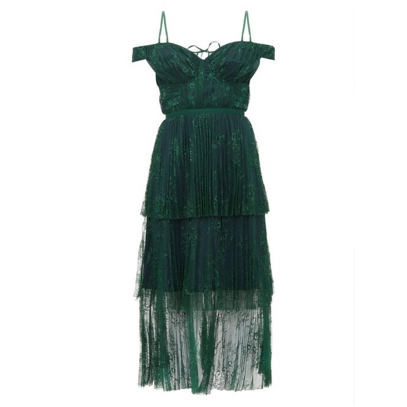 Self-Portrait Green Off Shoulder Fine Lace Dress - Picture 10 of 15